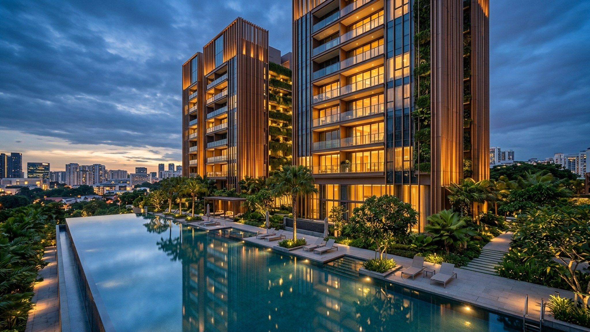 Canberra Crescent Residences architectural towers and lap pool at dusk